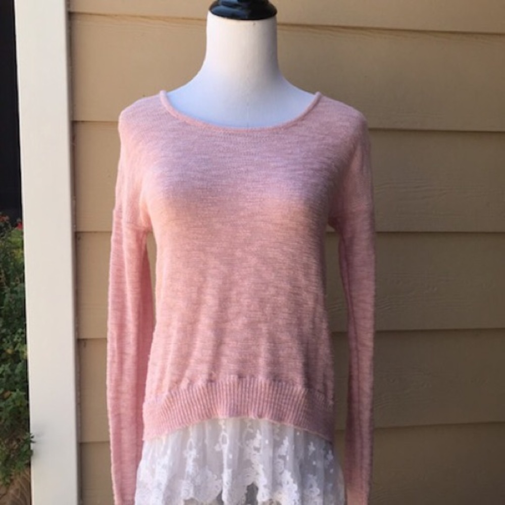 Pink sweater with lace trim